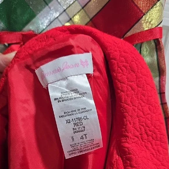 Bonnie Jean Red Coat with Gold Bow Accents and Plaid Dress Kid Size 4T - Picture 10 of 12